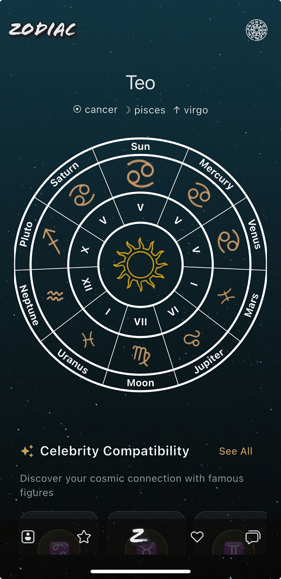 Zodiac app mockup showing the birth chart interface