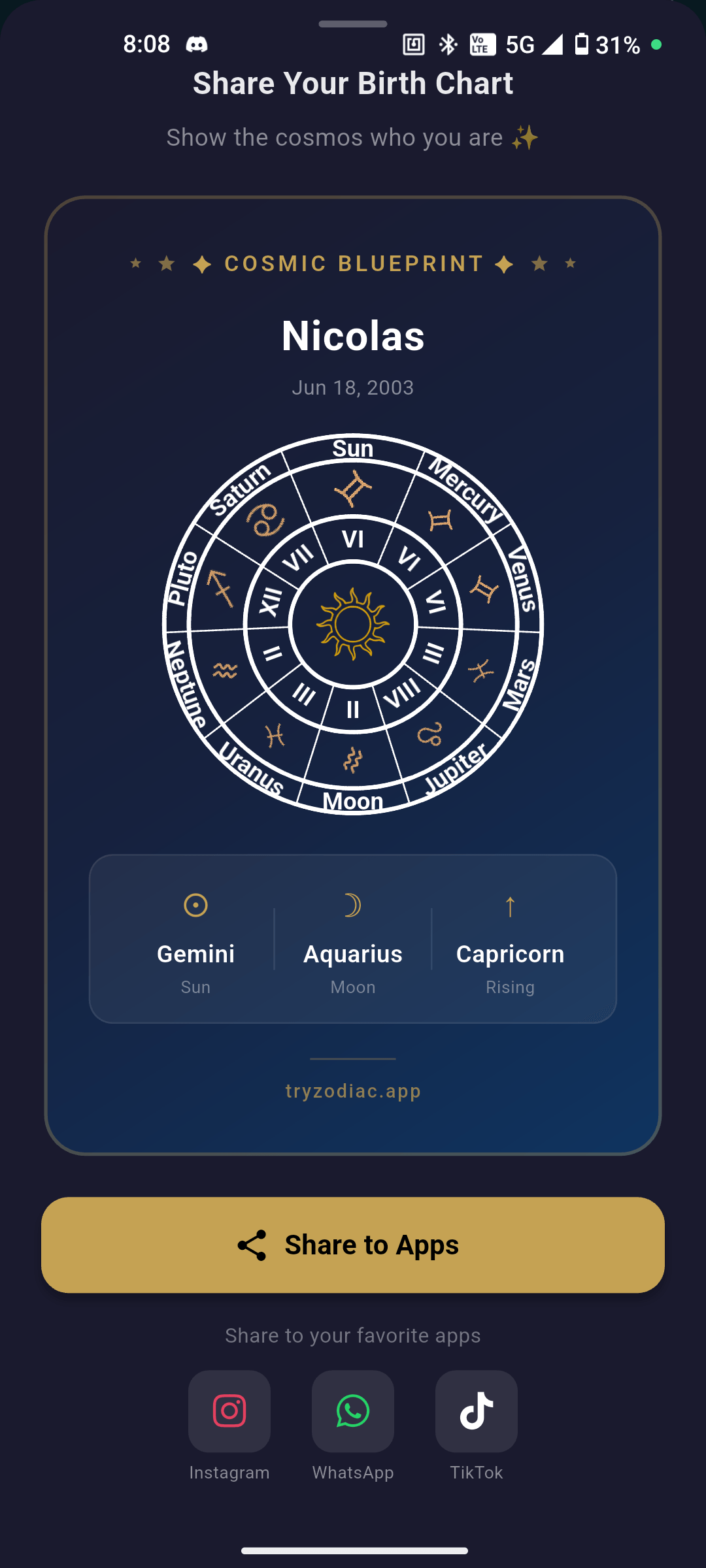 Zodiac app screen showing the Share Your Birth Chart interface