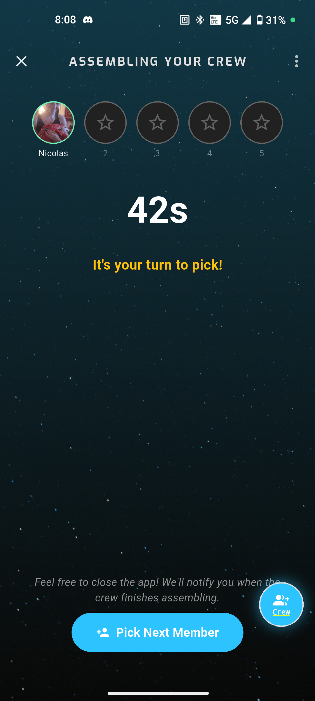 Zodiac app Assemble Crew flow with turn-based selection